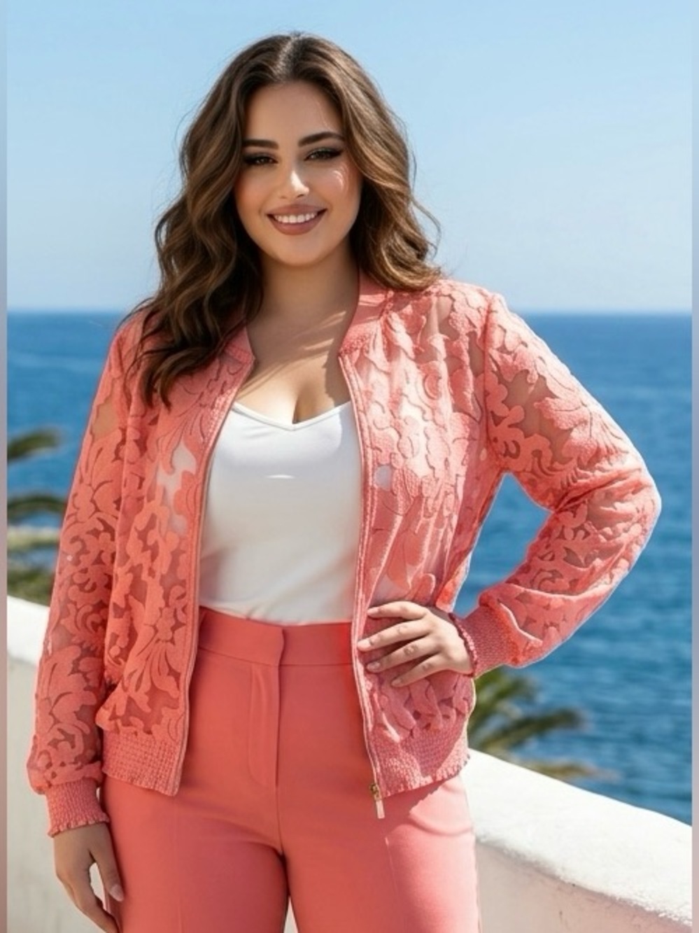 Lane Bryant Coral Lace Bomber oJacket